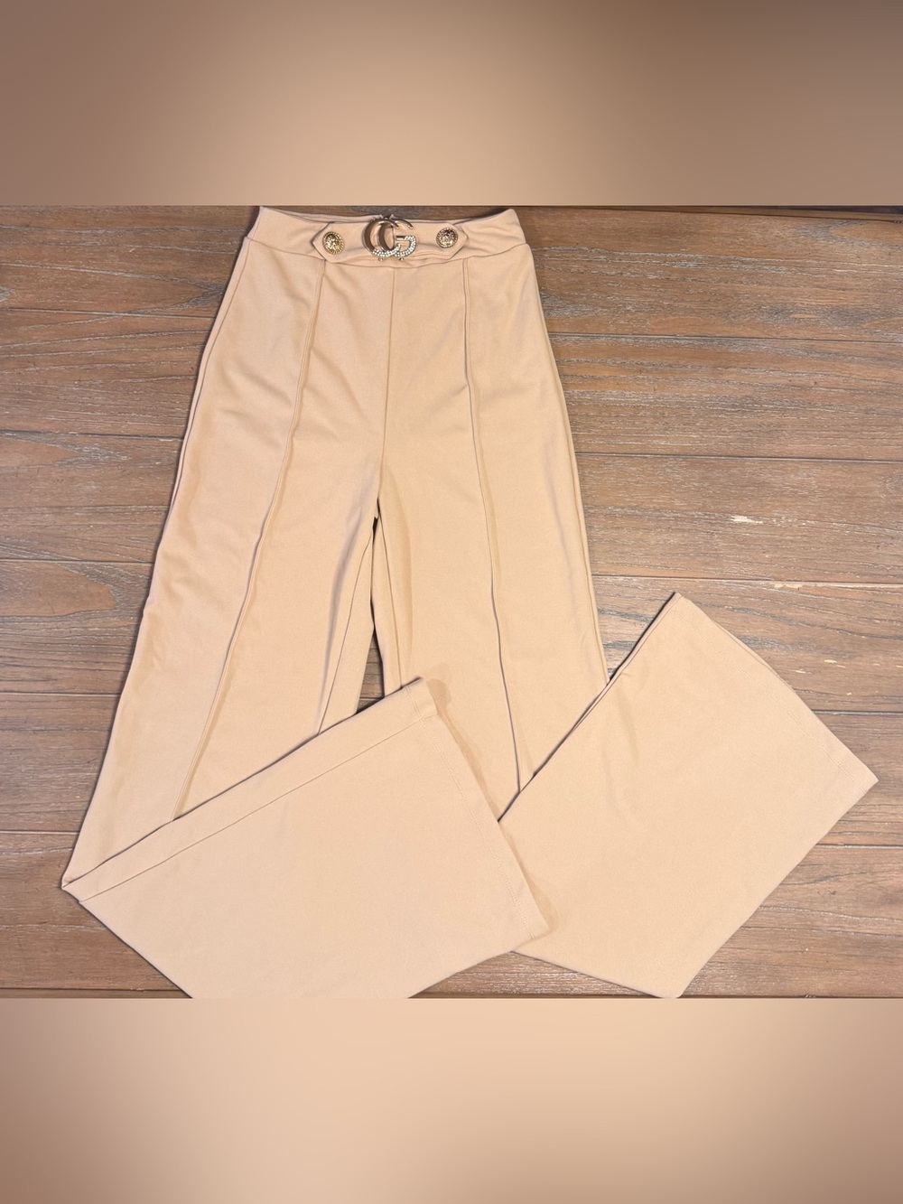 Wide-Leg High-Waist Pants with Gold Double-Ring Accent - Beige